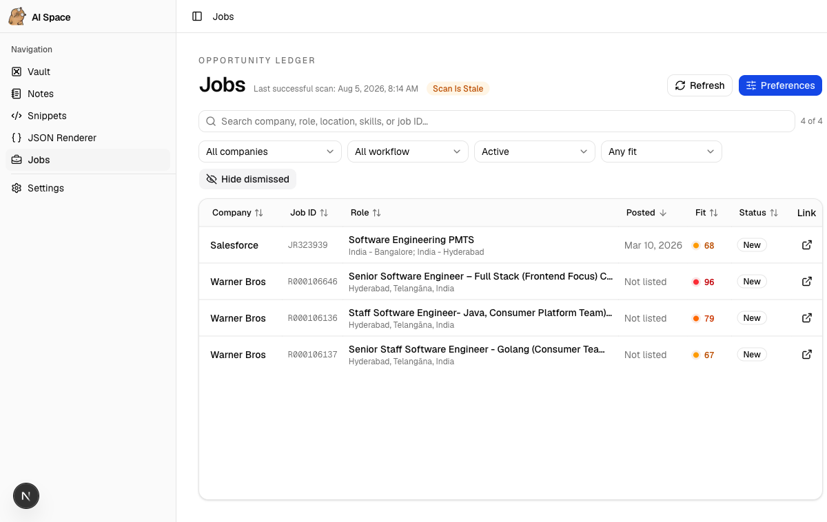 AI Space job application tracker showing discovered roles, fit scores, and workflow status